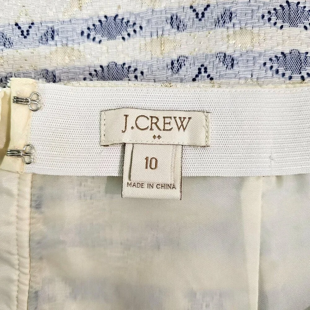 J. CREW F Women Sz 10 Gold Blue White Metallic Jacquard Brocade Skirt Lined Zip - Picture 4 of 10